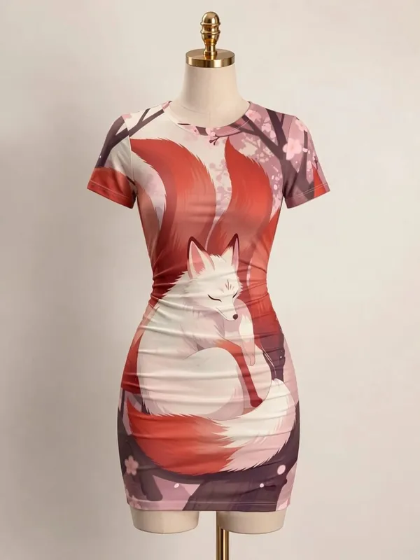 Womens Short Sleeve Bodycon Mini Dress Slim Fit Crew Neck Floral Print Casual Summer Party Cute Trendy Flattering Party Sundress