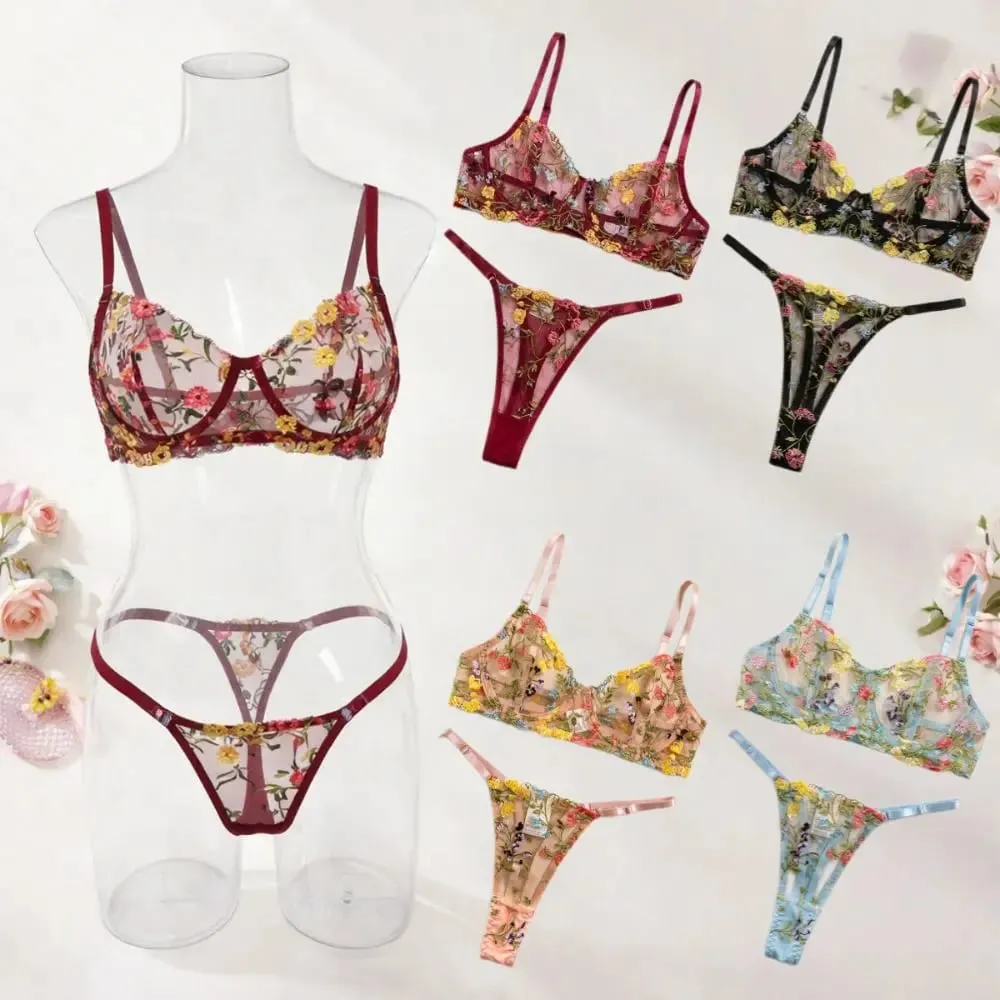 2-Piece Bohemia Floral Lingerie Set Embroidery Versatile Underwear Intimates Sheer Underwire Push-up Bra Panty Set For Lady Girl