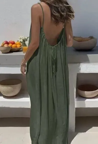 Women's Loose Sundress Sexy Backless Lace Up Slip White Linen Homewear Long Maxi Party Dresses OUFY-20260409001 — image 11