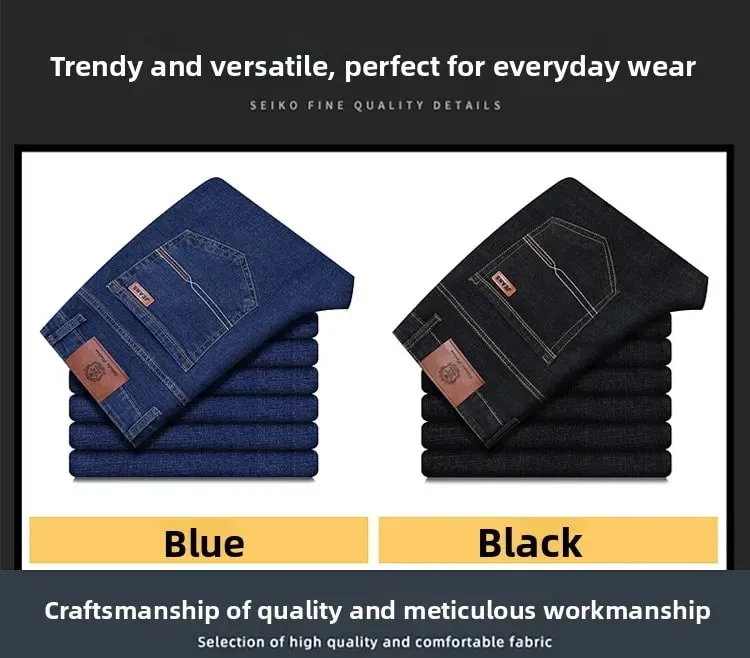 2026 New Men's Straight Denim Pants Brand Clothes Black Blue Jeans Classic Washed Stretch Cotton Business Casual Pants