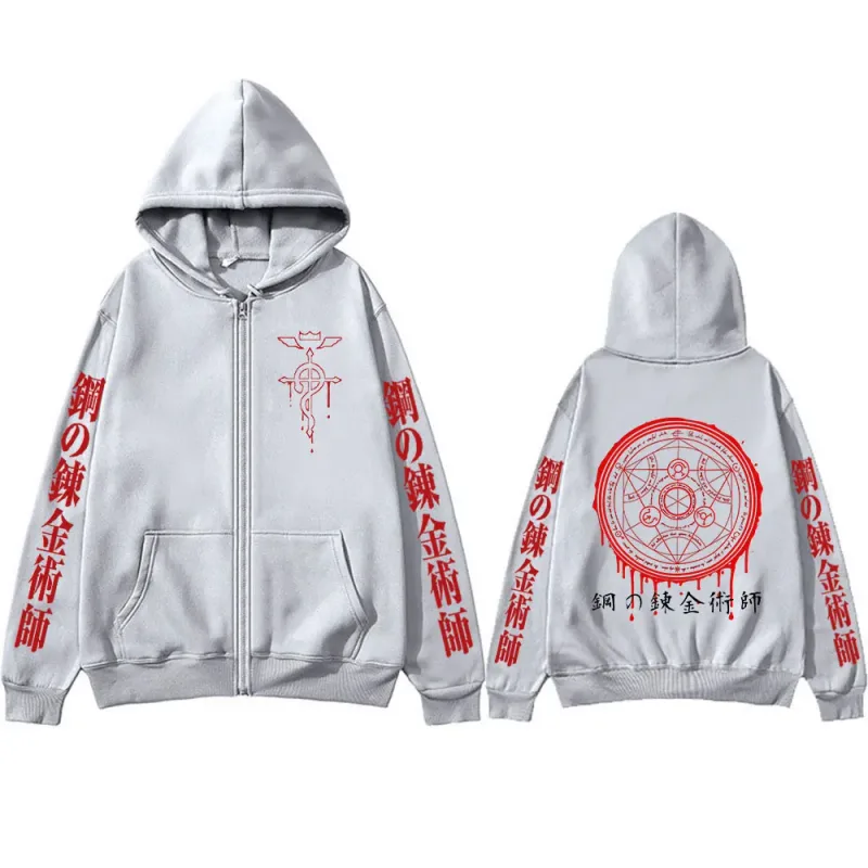 Anime Fullmetal Alchemist Logo Print Zipper Hoodies Men's Clothing Fleece Zip Up Hooded Sweatshirts Long Sleeves Pullovers Coat