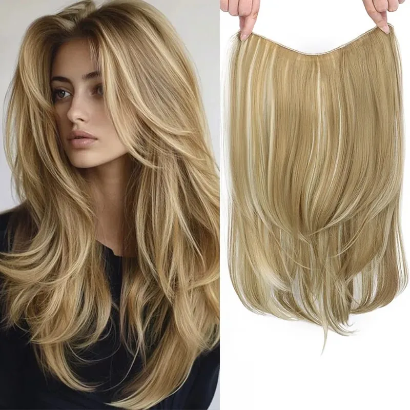 22Inch Synthetic Long Straight Layered Clip-in Hair Extension V-shaped Black Blonde Invisible Hairpiece for Women — image 12