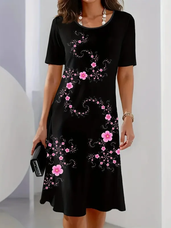 Women's Elegant Casual Floral Print Dress Black with Pink Flowers Dresses Woman Summer Women's Short -Sleeved Y2k Ladies Clothes