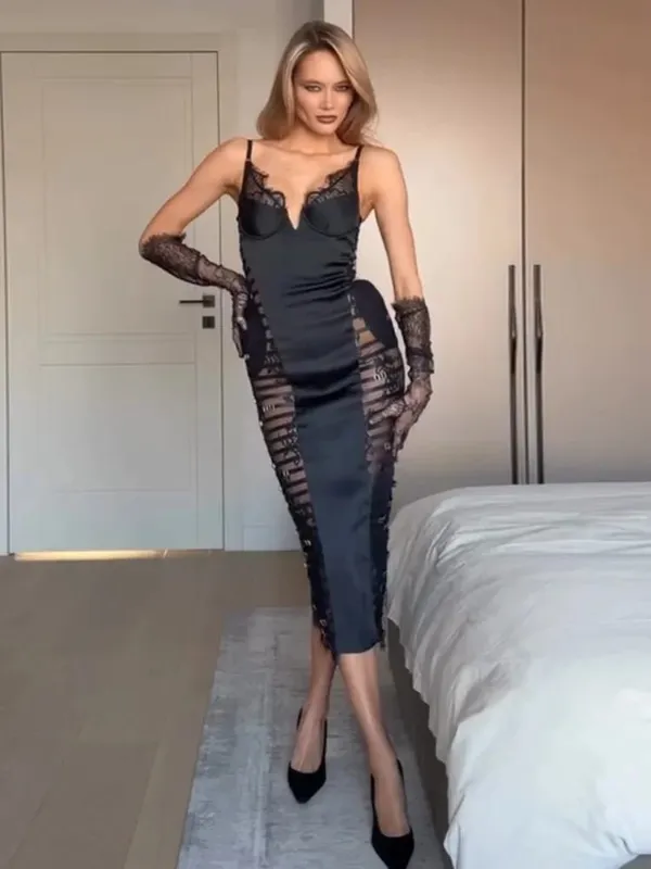 Women's Fashion Satin Lace Patchwork Mini Dress Sexy Deep V Openwork Waist-cinching Dresses Summer Female Vacation Party Gowns