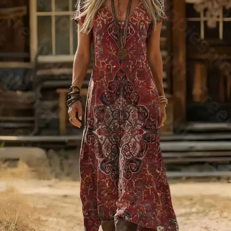 Summer Boho Floral Print V-Neck Short Sleeve Maxi Dress Loose Fit Slimming Ethnic Style Vacation Dress