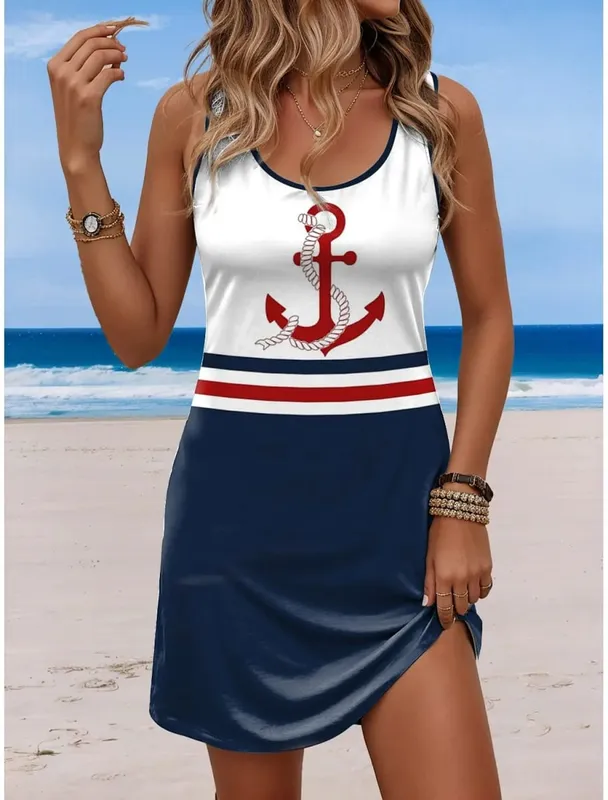 Women's Sleeveless Crew Neck Tank A-Line Mini Dress Print White Red Blue Loose Casual Summer Beach Vacation Daily Dress
