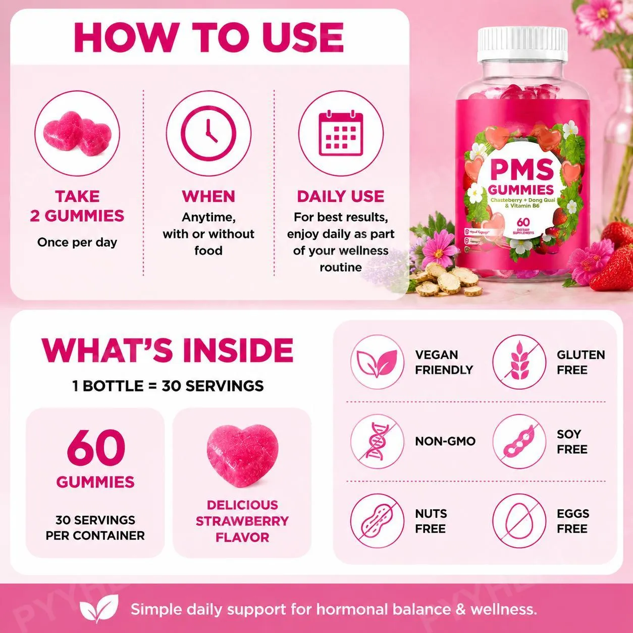 PMS Support Gummies with Chasteberry Vitex Dong Quai Vitamin B6 & Lemon Balm for Women's Monthly Wellness & Mood 60 Gummies