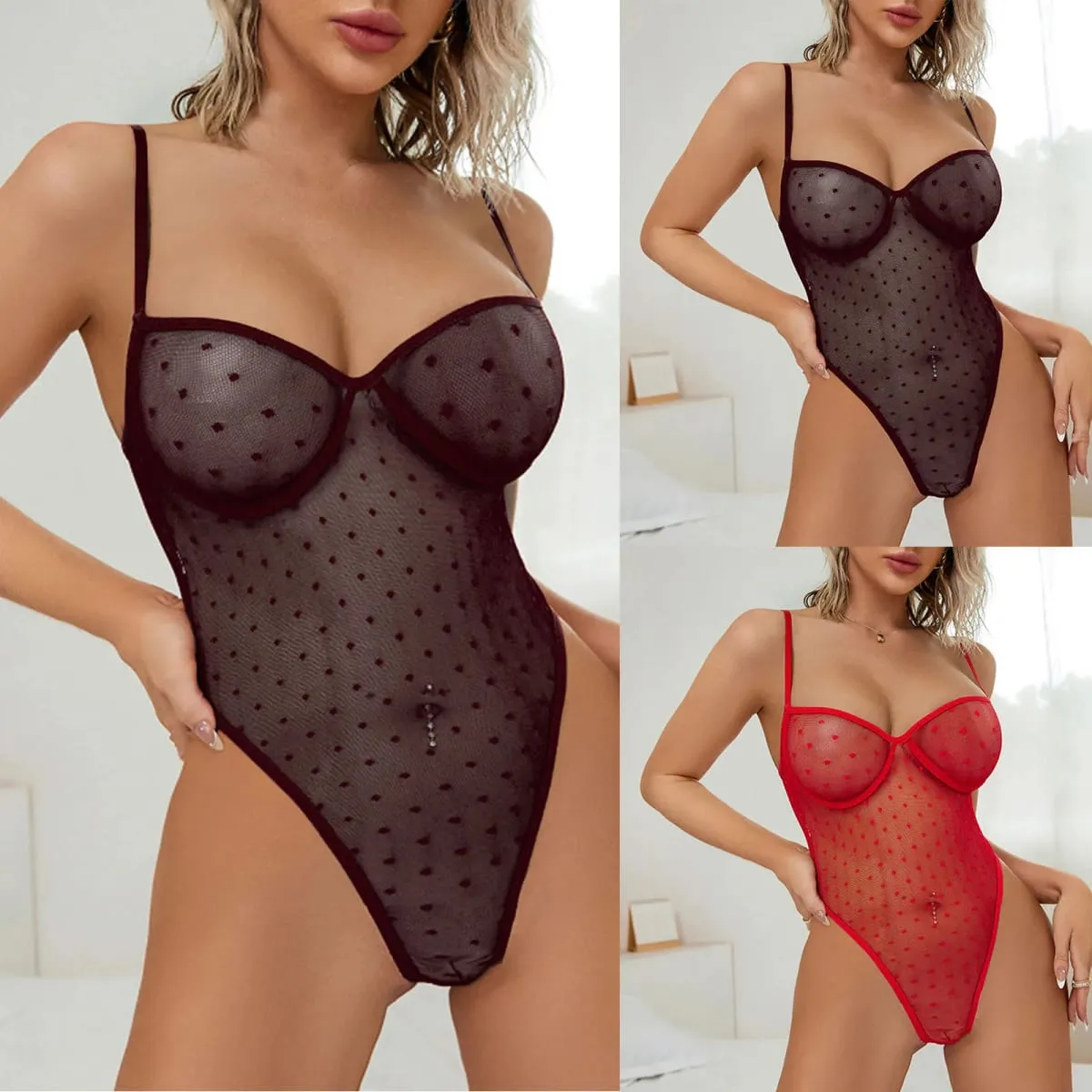 Kvinder Dress Up Lingeri Dame 1 styks Rygfri Mesh Bodysuit Hals Snørebånd Gennemsigtig Teddy Nightie Sous VêTement Femme Ultra Hot