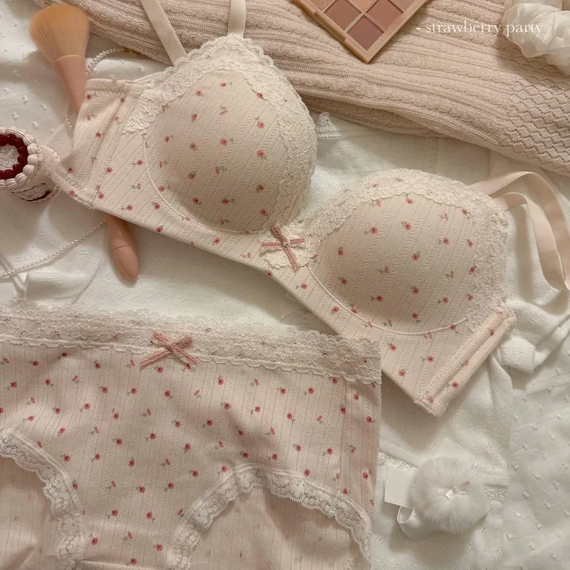New Bra: Sweet Fashionable And Feminine Lace-Trimmed Floral Lingerie Set for Women with Small Busts—push-Up Wire-Free Bra Set