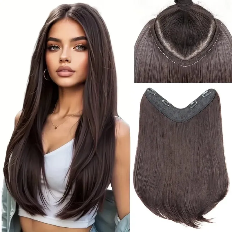 24Inch Synthetic Invisible Hair Extensions for Women Micro-Roll V-Shaped Design 4 Clips Enhance Hair Volume