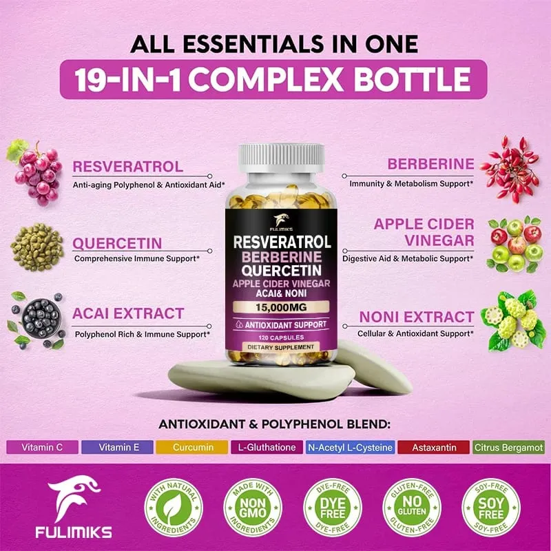 Resveratrol kapsler | Berberine | Quercetin | Æblecidereddike - antioxidant hjertesundhed og stofskifte - 60/120 kapsler