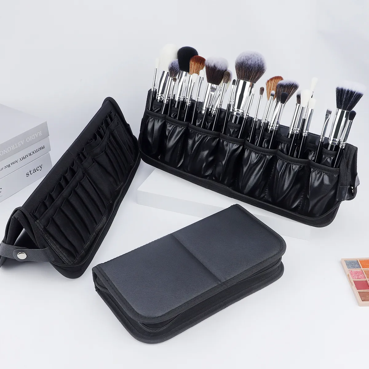 Large Black Foldable Makeup Bag 14-40 Hole Storage Organizer for Beauty Brushes Cosmetic Pouch with Handles