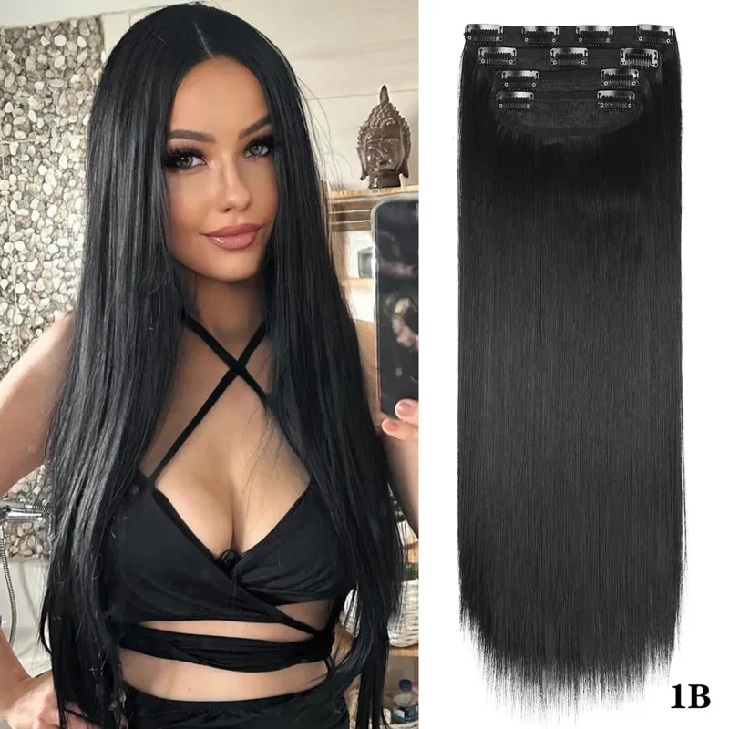 Clipe sintético longo ondulado feminino de alta temperatura, extensão de cabelo sintético, 4 peças, clipe longo, macio, ondas glam, grosso
