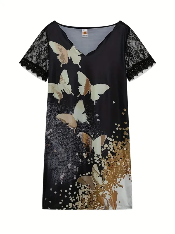 2026 New Women's New Positioning Printing Wave V-neck Lace Short-sleeved Dress
