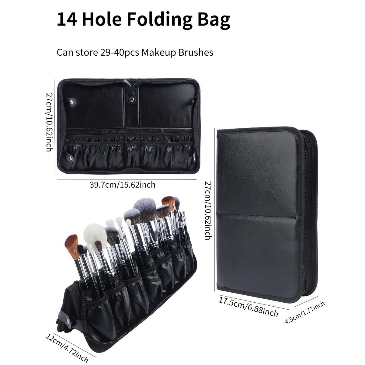 Large Black Foldable Makeup Bag 14-40 Hole Storage Organizer for Beauty Brushes Cosmetic Pouch with Handles