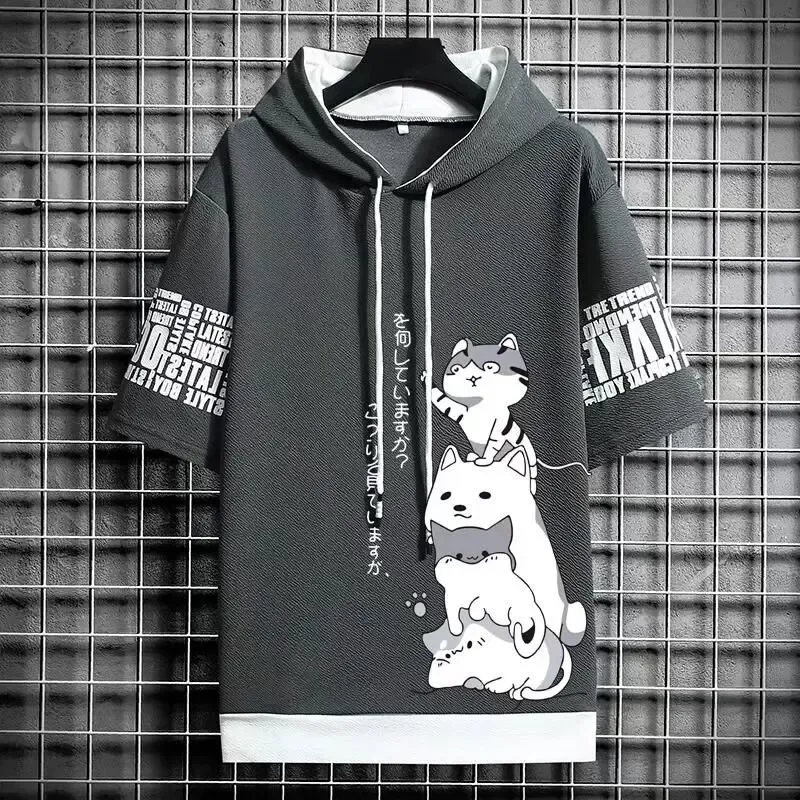 Hoodie Pria Fashion Jepang Pakaian Pria Musim Panas Atasan Bertudung Gambar Cetak Pakaian Jalanan Harajuku Kasual Kartun Kaus Pria Lengan Pendek