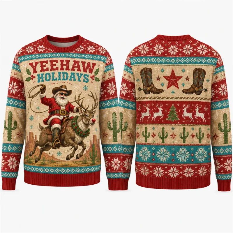Yeehaw Holidays Santa Reindeer Sweatshirt 3D All Over Print Unisex Crew Neck Long Sleeve Western Ugly Christmas Party Xmas Shirt