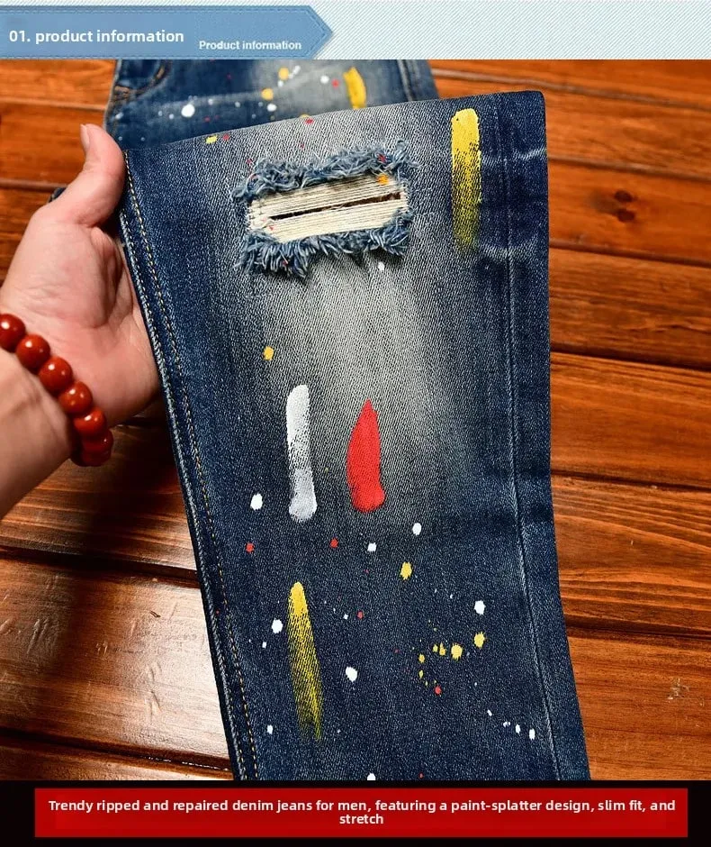 Paint Print Retro Jeans for Men Street Style Trendy Handsome Men's Clothing Distressed Slim Fit American Style Men's Pants
