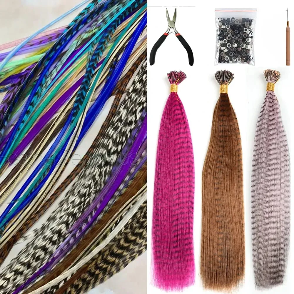 Lansa Feather Hair Extension 10Pieces Fake Hair I Tip Rainbow Synthetic Hair 16inch Hairpiece Feather for Hair Extension