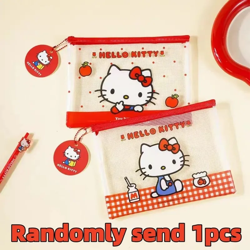 정품 Sanrio 헬로 키티 A5 메쉬 지퍼 주머니 귀여운 Kt 고양이 방수 PVC 문서 가방 학교 파일 펜 편지지 정리