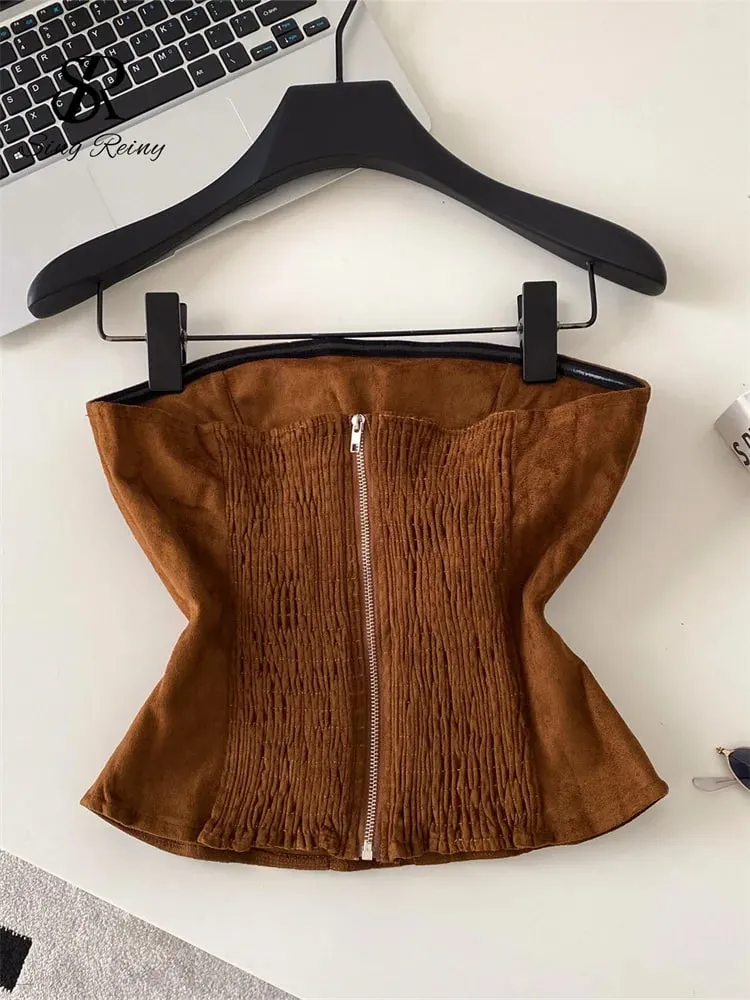Fake Suede Senior Vintage Tank Top Autumn Female Metal Button Bodycon Top French Sensual Chic Commute Party Camisole