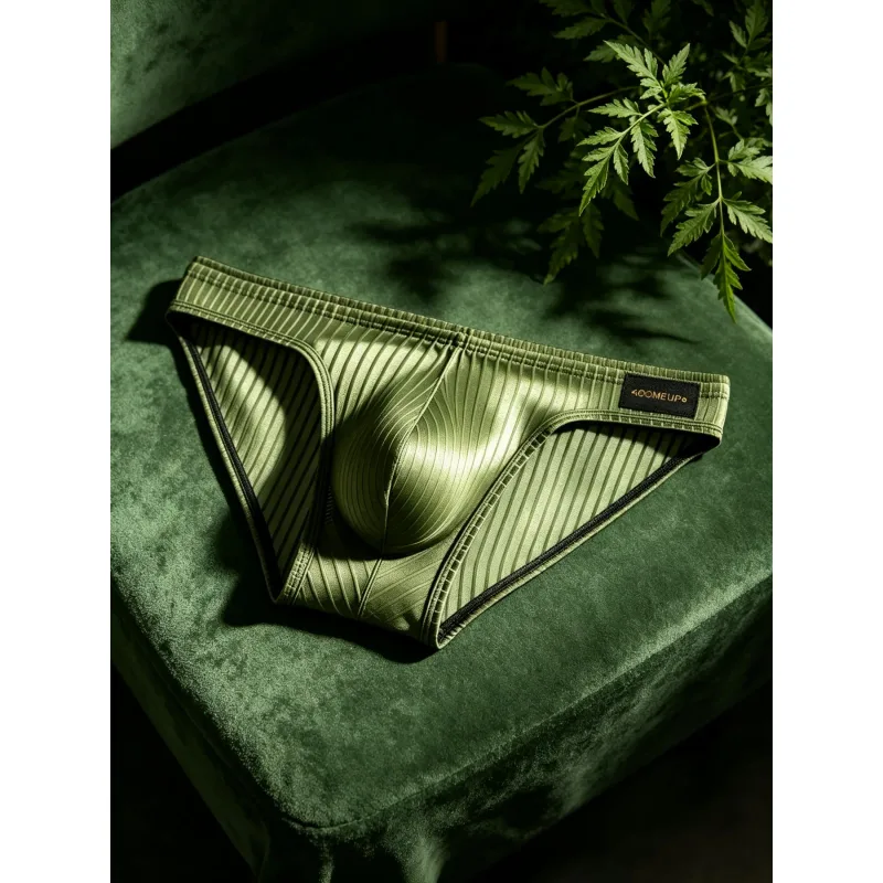 Mens Briefs Vertical Stripe Shiny Fabric U Convex Pouch Low Waist Elastic Waistband Breathable Male Underwear DP922