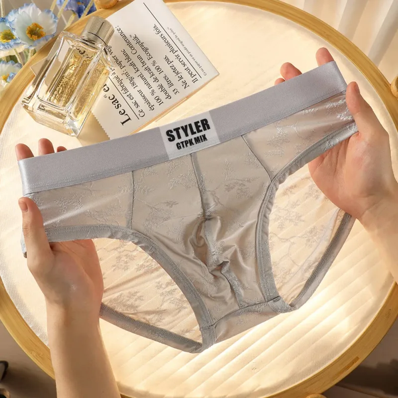 1/3PCS Sexy Perspective Men's Briefs Luxury Jacquard Smooth Ice Silk Mens Intimate Underwear Breathable 3D Mesh Pouch Lingerie