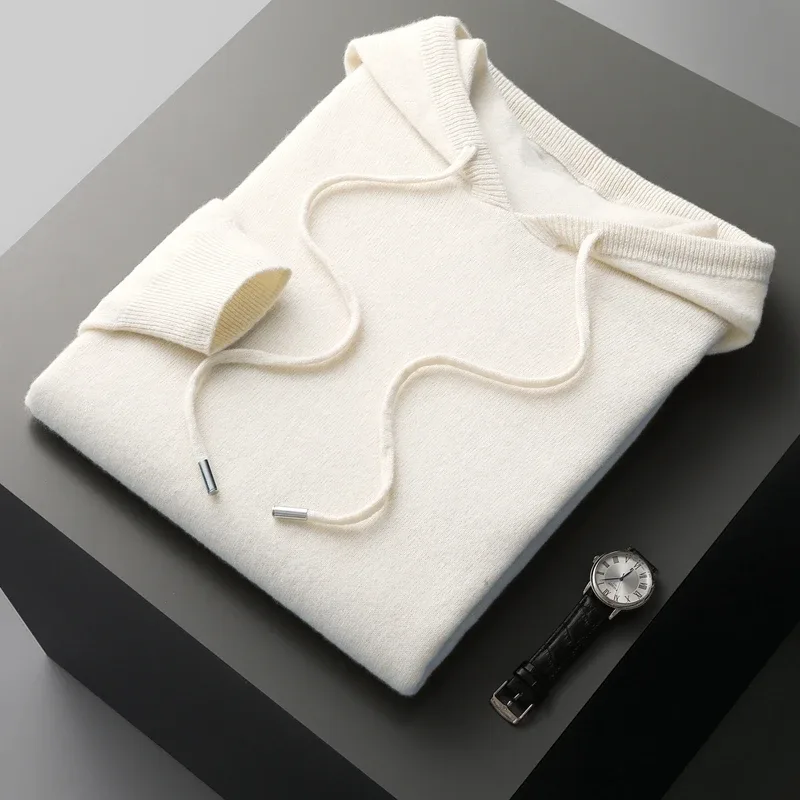 DjzDsm 100% Merino Wool Men's One-piece Ready-to-Wear Hoodie Knitted Sweatshirt Autumn Winter Casual Large Top Long Sleeved
