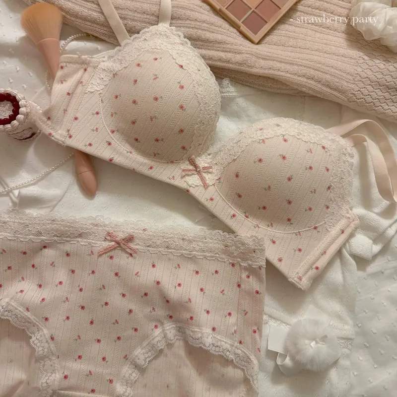 New Bra: Sweet Fashionable And Feminine Lace-Trimmed Floral Lingerie Set for Women with Small Busts—push-Up Wire-Free Bra Set