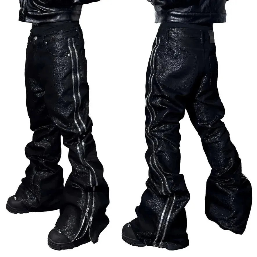 High Quality Silver Thread Woven Metal Texture Bootcut Jeans Man Side Double Zippers Gothic Punk Stacked Jeans