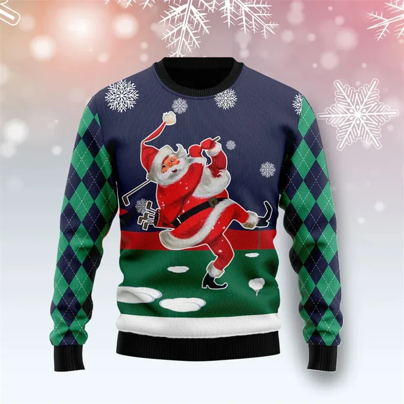 Fashion Golf Graphic Ugly Christmas Sweater For Men Funny Santa Claus 3D Printed Xmas Sweatshirts Cool Streetwear Pullovers Tops