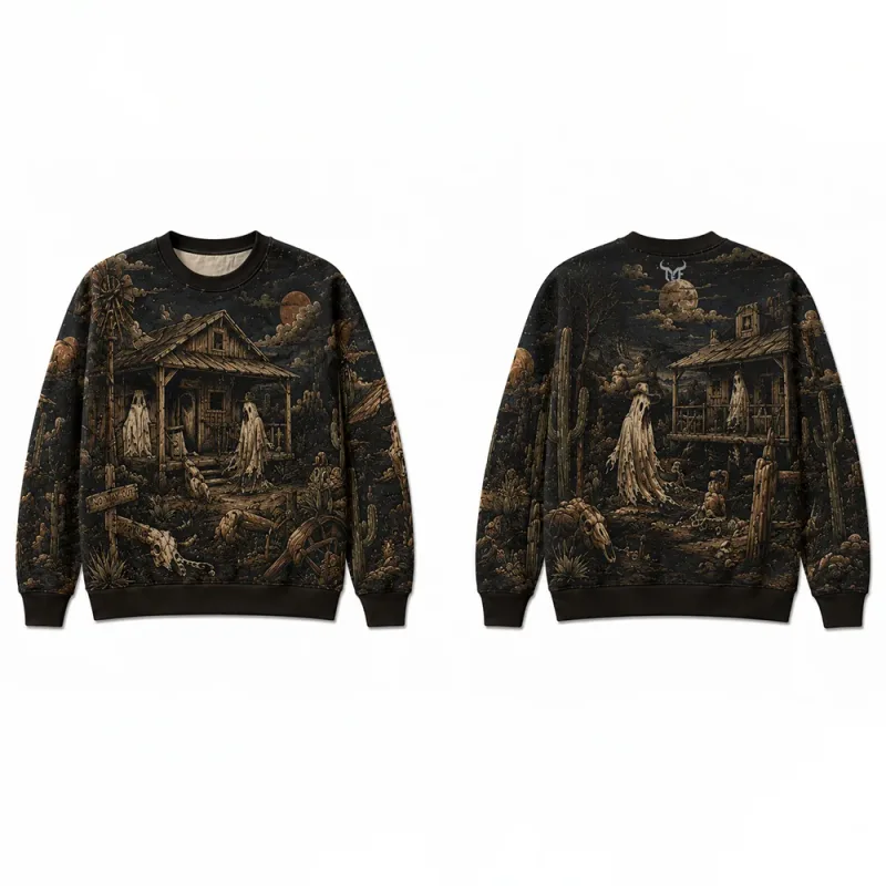 Vintage Dark Western Ghost Print Sweatshirt Desert Cactus Graphic Pullover Long Sleeve Tops Halloween Fashion Casual Streetwear