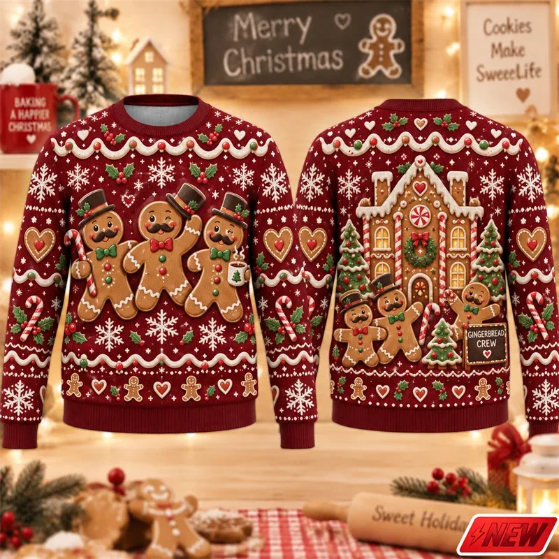 Christmas Ugly Sweater Men Holiday Gift Trendy 3D Print Funny Skateboarding Gingerbread Man House Pattern Pullover Unisex Hoodie