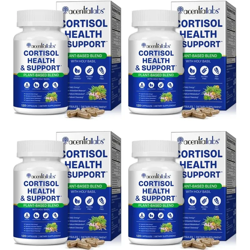 AcentiaLabs Cortisol Health & Support Capsules with Holy Basil Ashwagandha and Magnesium for Calm Stress Balance 120 Capsules