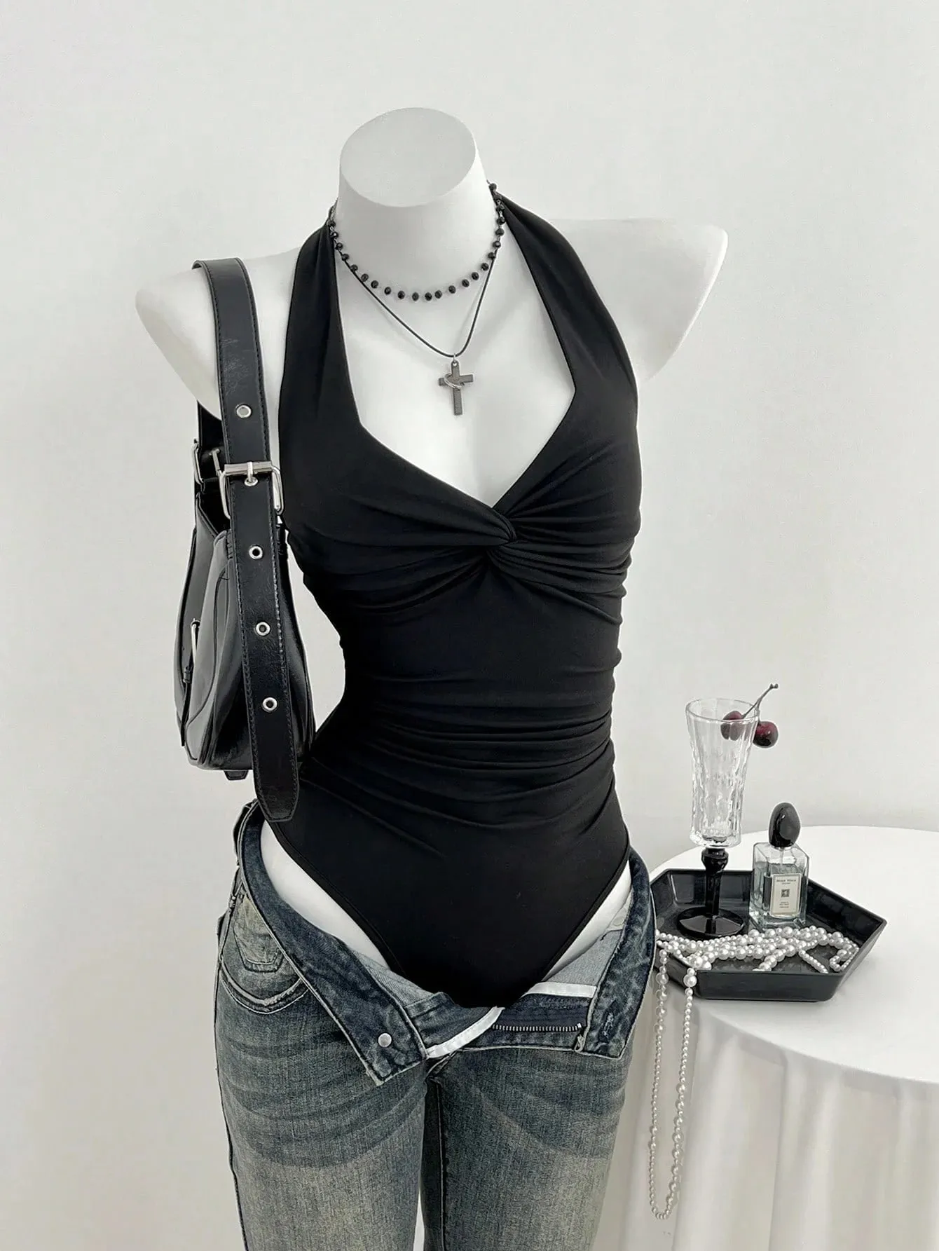 Women Halter Deep V Front Twist Knot Ruched Waist Bodysuit Solid Black Sleeveless Slim Fit Y2K Basic Jumpsuit Top
