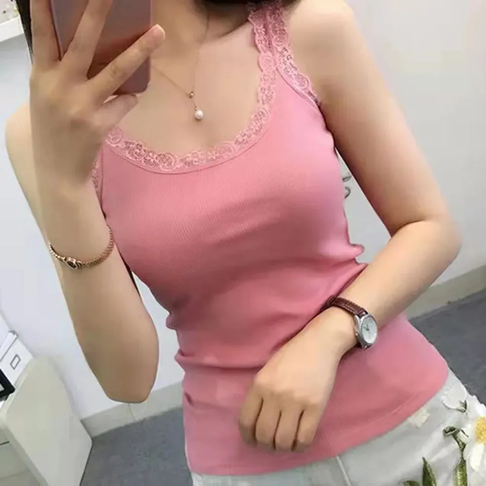 Casual U Neck Summer Tank Tops Slim Underwear Fitted Tops Camisoles Sleeveless Lace Top for Women