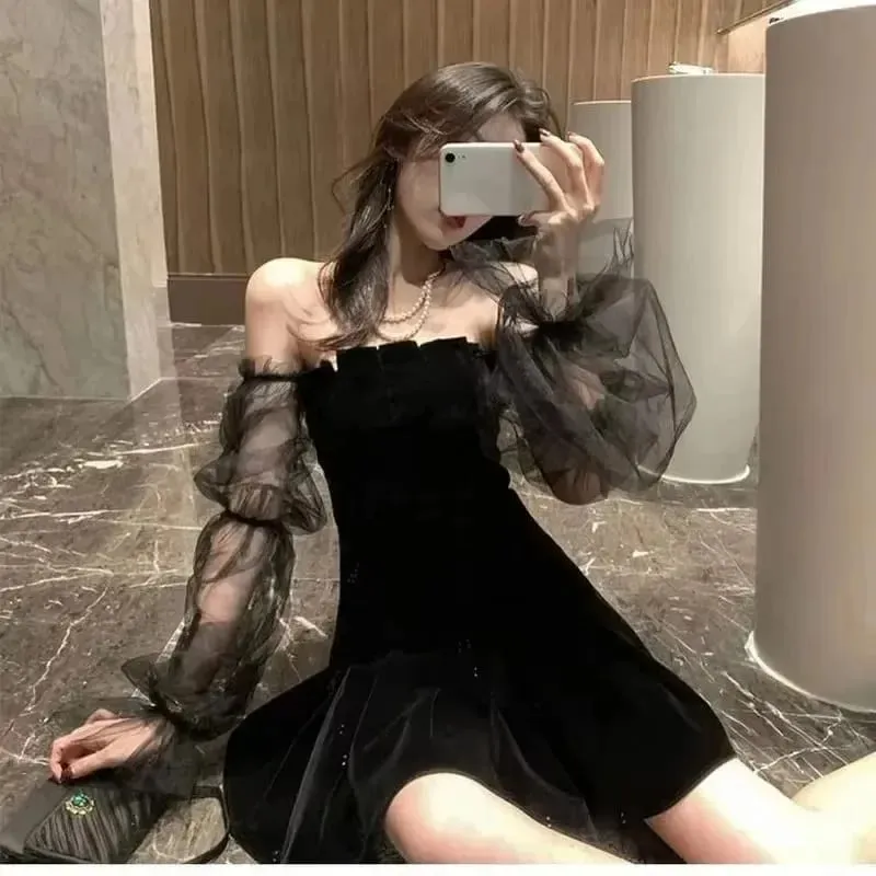 New Black Retro Dress Women Lace Chiffon Mini Dress Female High Street Sexy Korean Fashion Women Club Dress