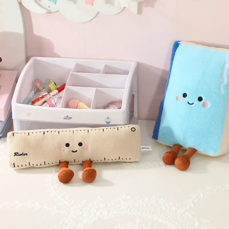 1pc Stationery Plush Toy Smiling Kawaii Face Pencil Book Ruler with Legs Humanoid Doll Decor Plushie Birthday Gift