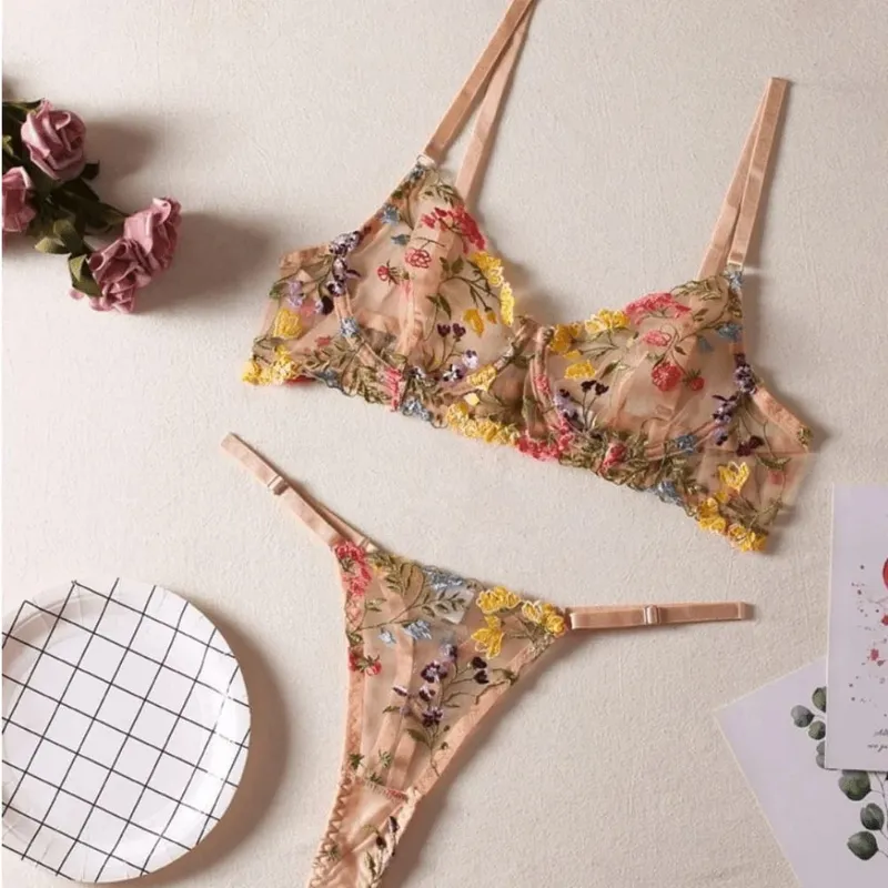 2-Piece Versatile Floral Lingerie Set Embroidery Sheer Boho Bra Panty Set Women Underwear