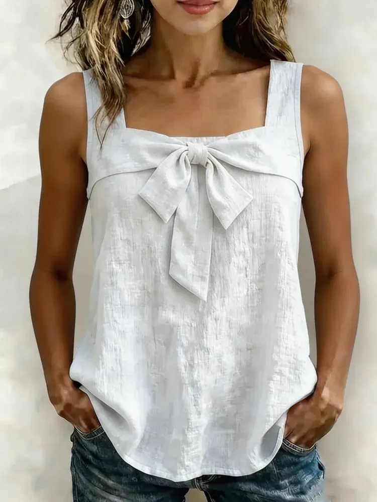 Women Square Neck Sleeveless Tank Tops Front Bow Decor Solid Color Casual Summer Ladies Camisole