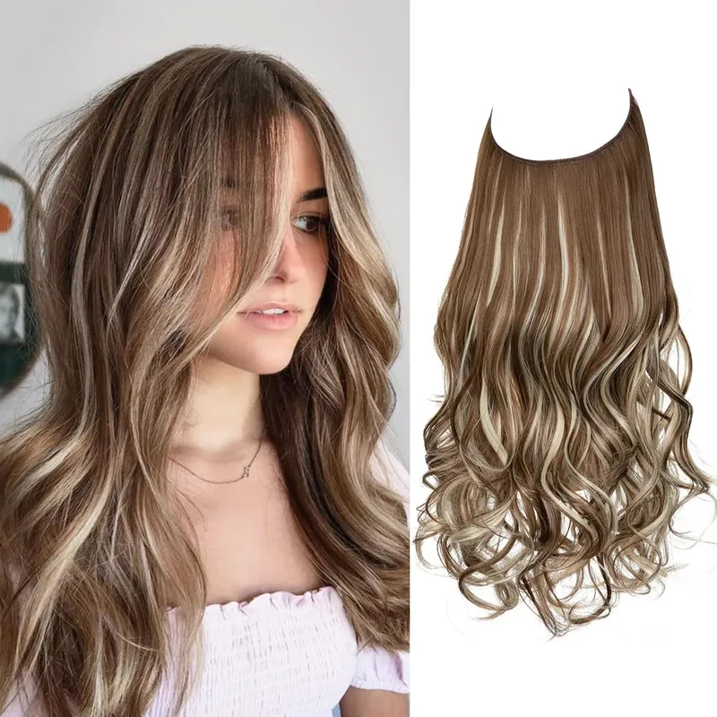 Sintético sem clipes na extensão do cabelo natural ombre preto loiro rosa uma peça onda longa fio invisível falso pedaço de cabelo