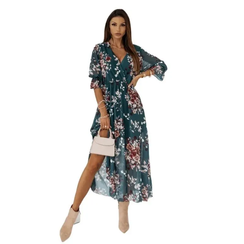 Women's V-Neck Midi Dress Chiffon Print Waist-Cinched Side-Slit Soft Polyester Fiber Comfortable Spring Summer New Style