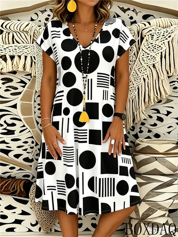 2026 Summer Fashion Geometric Pattern Printed Women's Dress Short Sleeve V-neck Casual Dresses