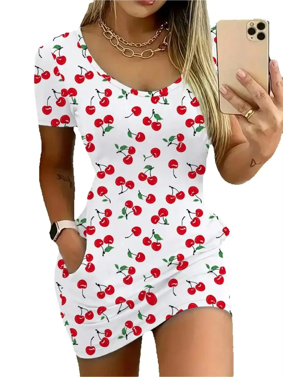 Elegant Casual round Neck Solid Color Cherry Print Pocket Short Sleeve Mini Skirt Long Dress Comfortable Fashionable Women's Dre