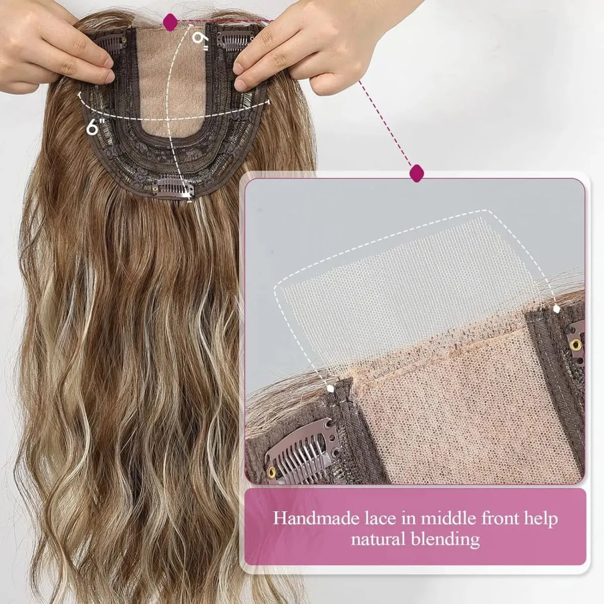 20in Wavy Hair Toppers Long Brown Mixed Blonde Premium Synthetic Hairpieces with 6*6 Large Base Lace Clip In Hair for Women