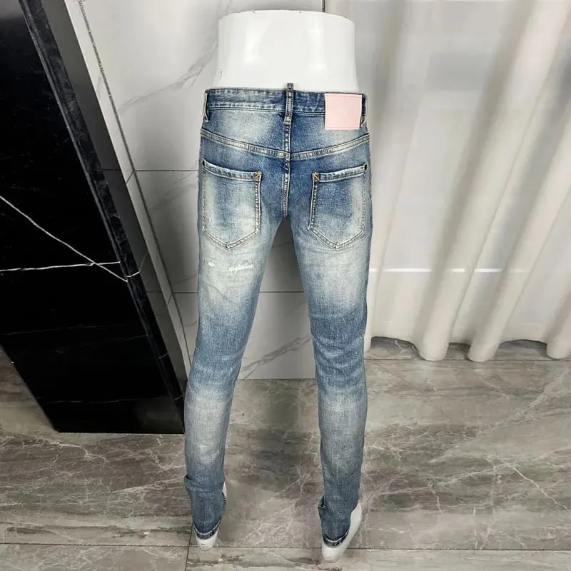 Light Blue Men's Slim Fit Jeans Elastic Waist Distressed Hip Hop Brand Fashionable Nostalgic Washed Color Patch Jeans