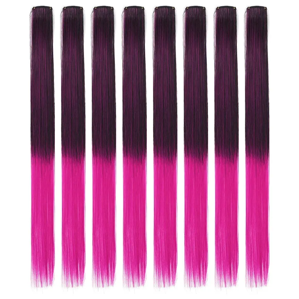8pcs/pack Colored Party Highlights Clip in Hair Extensions for Girls 22 inches Multi-colors Straight Hair Synthetic Hairpieces