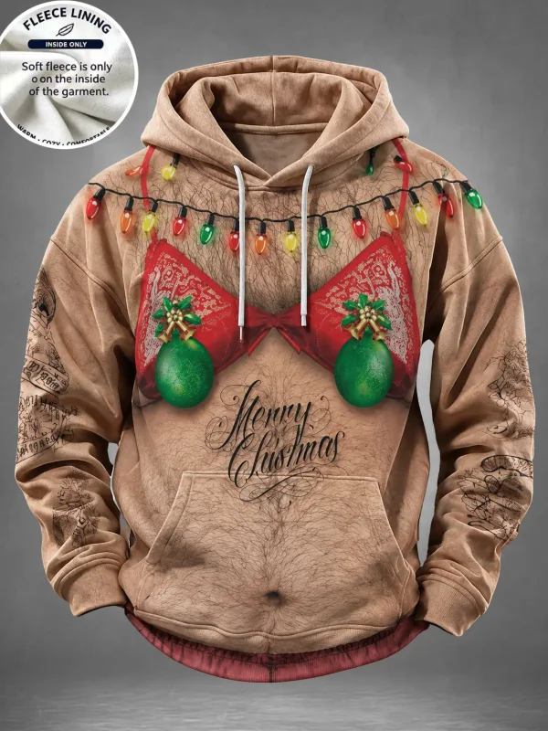 Men Fleece Lined Hoodie Angry Santa Chimney Print Pullover Hooded Sweatshirt Christmas Party Hoody