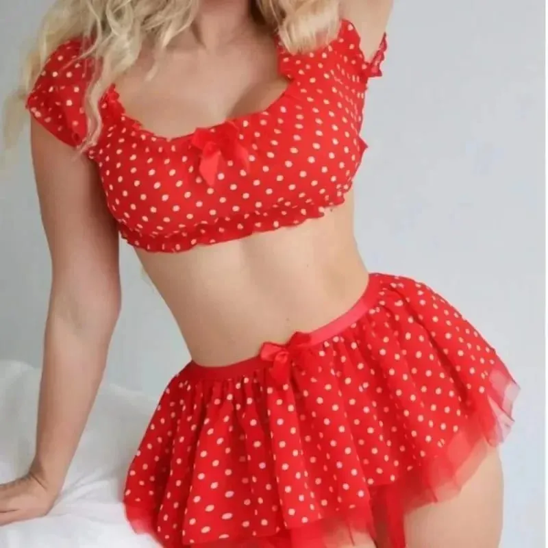 Women's Sexy Polka Dot 2 Piece Lingerie Set Off Shoulder Mesh Tulle Skirt with Garter Straps for Nightwear