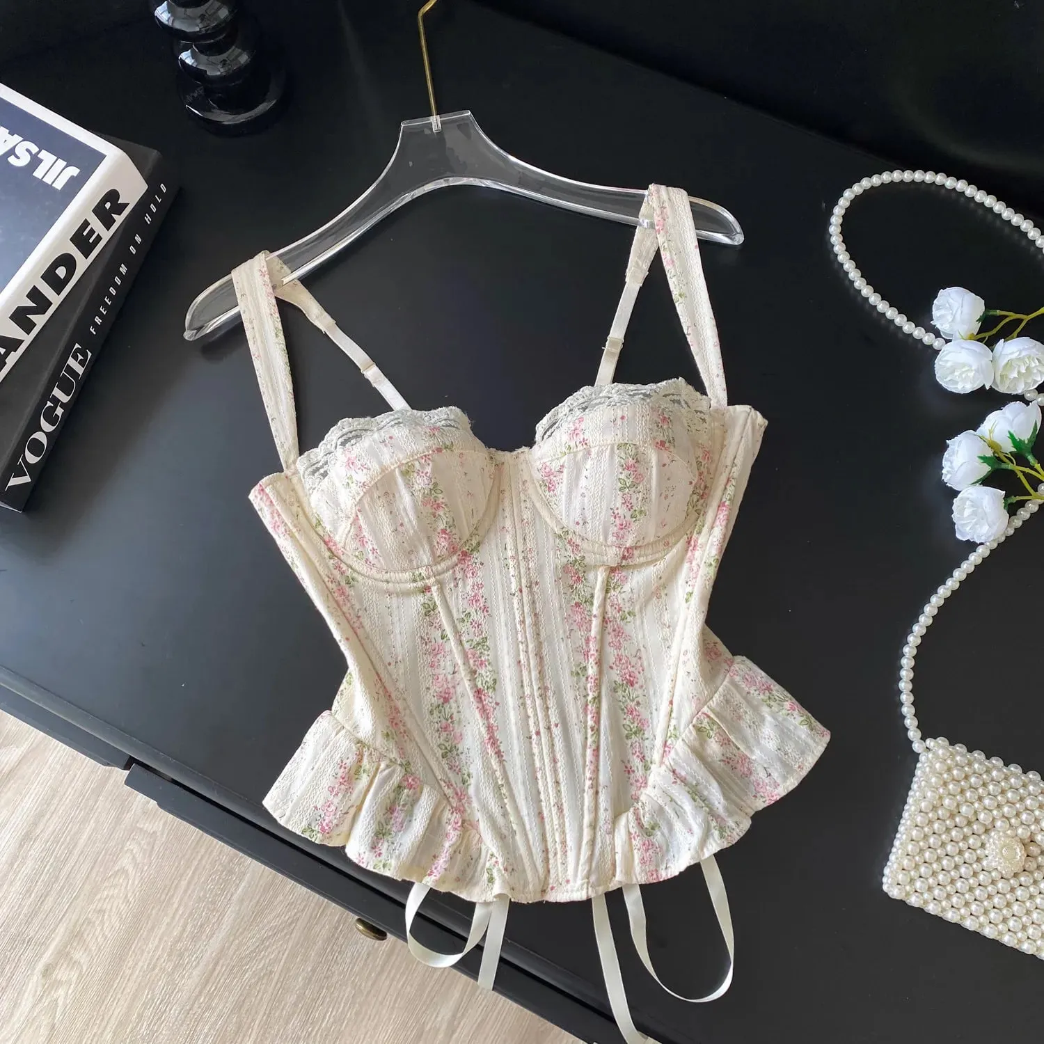 Elegant Lace Floral Bustier Women French Lace Up Splice Casual Daily Bodycon Tank Top Summer Print Vacation Corset Top